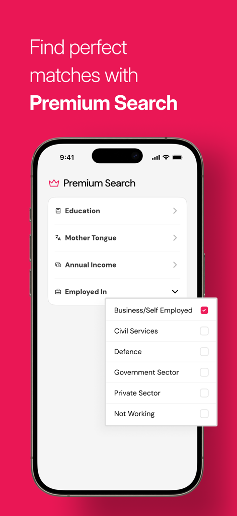 NikahForever Muslim Matrimony - NikahForever app interface showing premium search filters for education and employment status