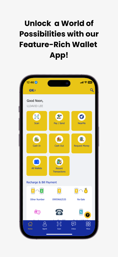 OK$ - La schermata principale dell'app mobile OK Dollar che mostra vari servizi finanziari come trasferimenti di denaro e pagamenti di bollette