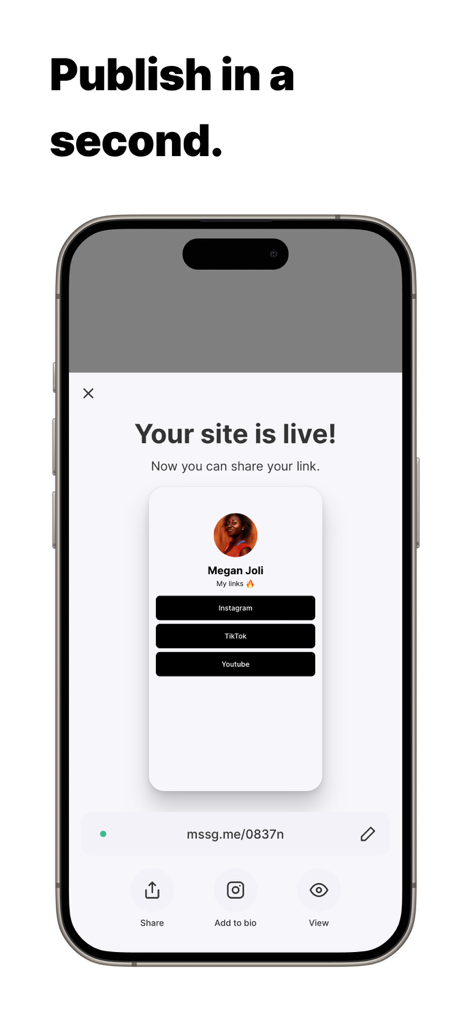 Link In Bio Websites - Mssg.me - Mobile app screen showing a live website confirmation with social media links for a content creator
