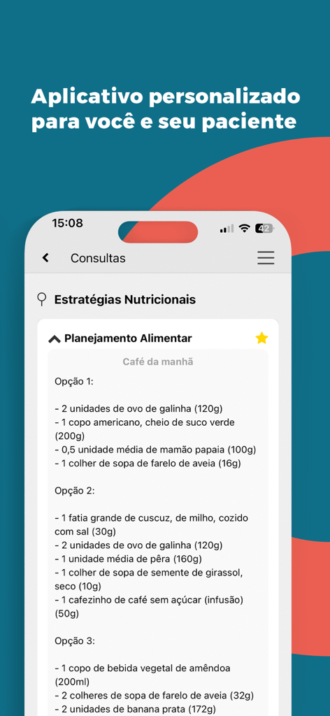 Captura de tela do aplicativo DietSmart exibindo um plano alimentar personalizado de café da manhã com várias opções de alimentos saudáveis.