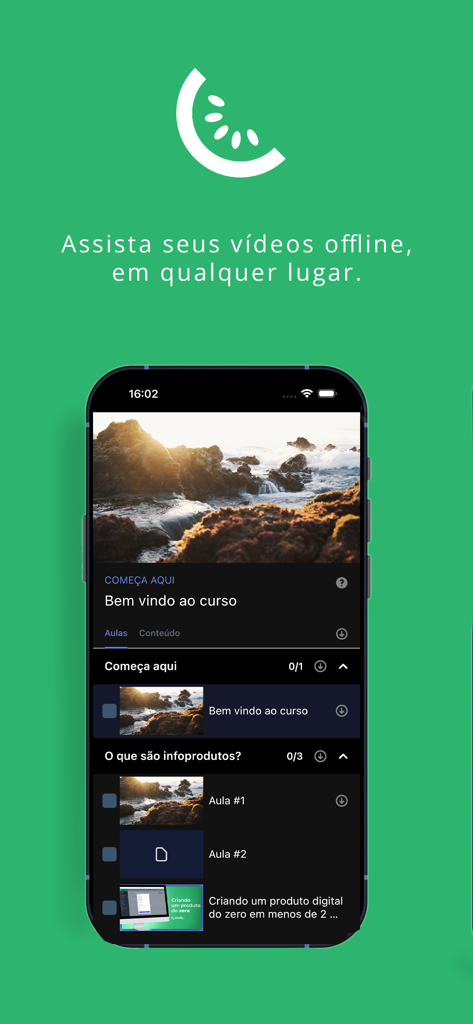 Kiwify mobile app interface showing a course lesson list and video player with an offline viewing feature
