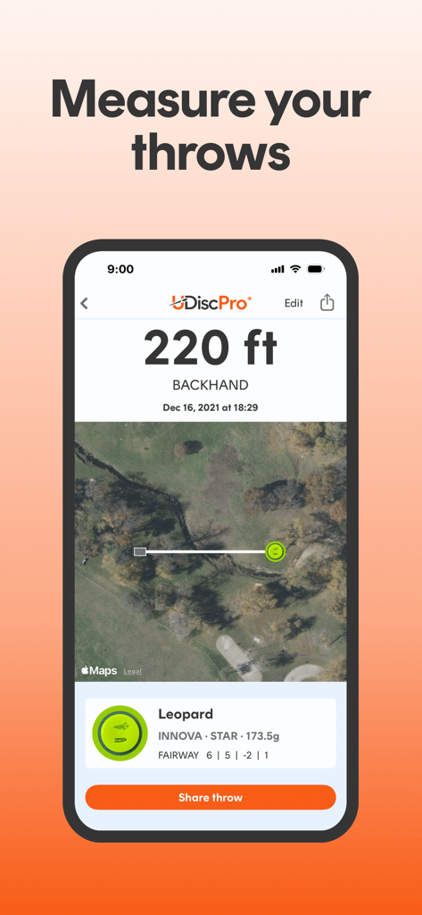 UDisc app interface showing a 220 foot backhand disc golf throw measurement with map and disc details