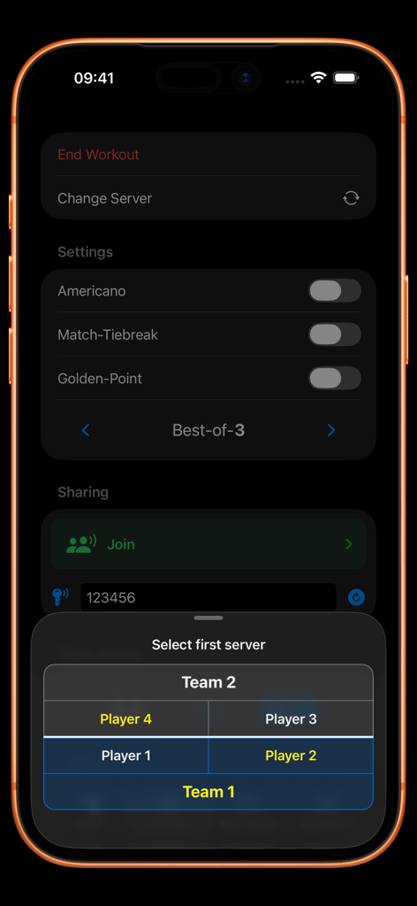 iPhone screen for Padel Watch Counter showing match settings and player server selection