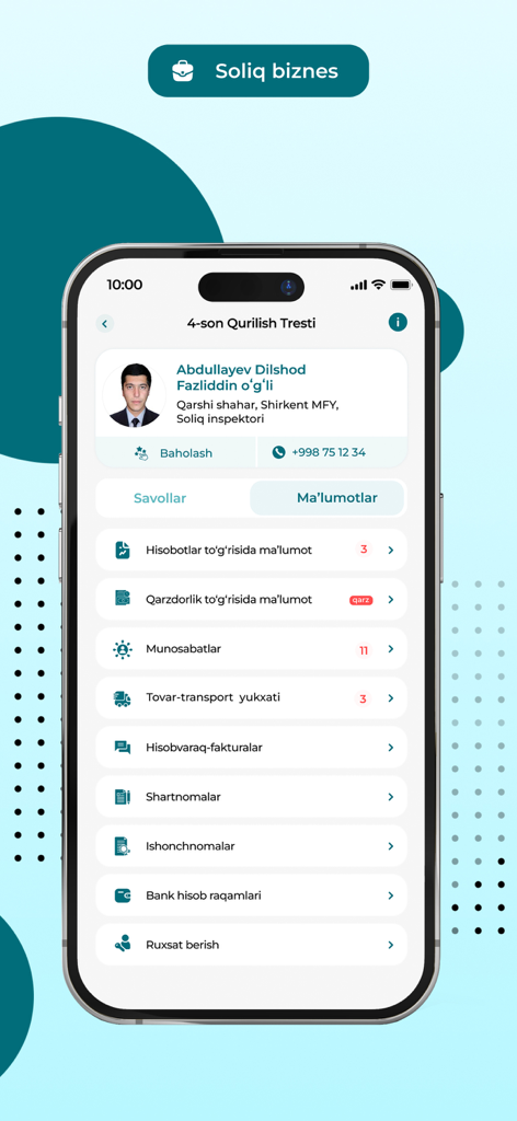 Soliq Biznes app interface showing a tax inspector profile and business management menu options like reports and contracts