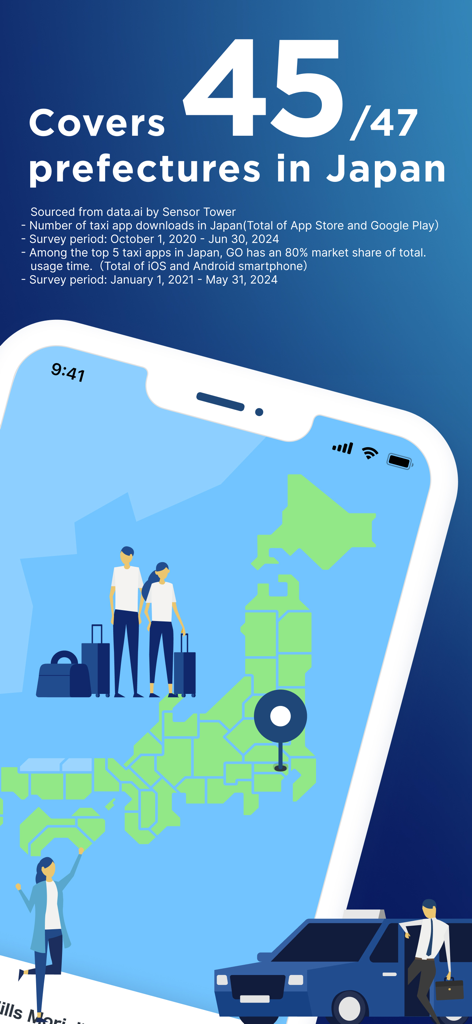 Graphic showing GO taxi app covers 45 out of 47 prefectures in Japan
