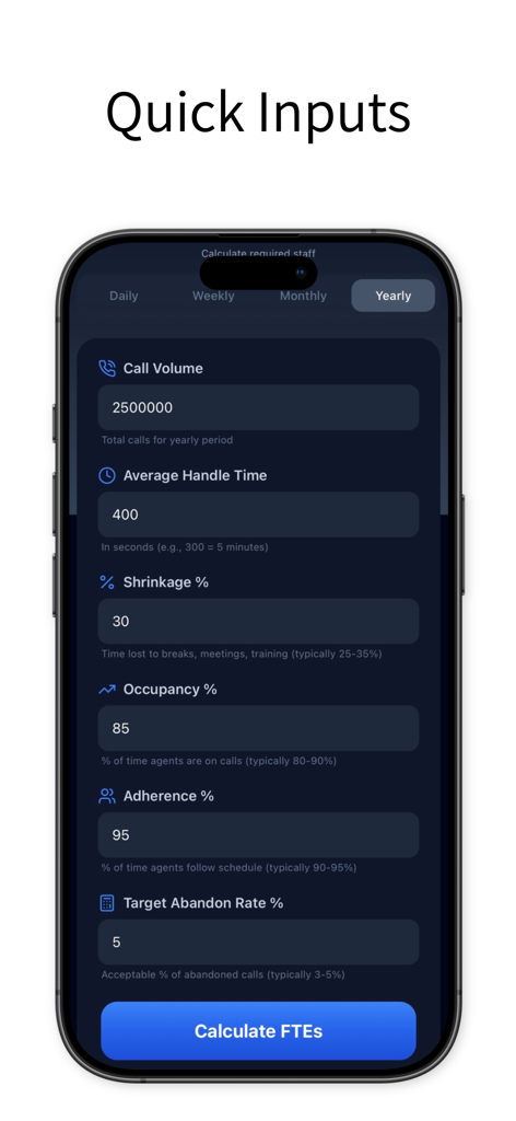 Quick Contact Center Staffing - User interface showing input fields for call volume, handle time, and shrinkage in the staffing calculator app