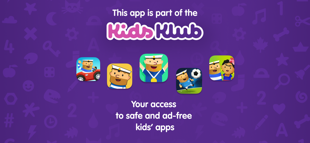 Fiete Soccer for kids 5+ - Un écran promotionnel pour Kids Klub présentant des icônes d'applications du personnage Fiete et du texte sur un accès sûr et sans publicité pour les enfants