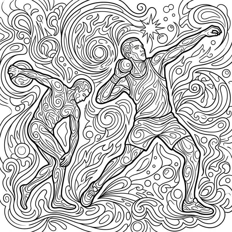 Experience the dynamic energy of shot putters reimagined through a mind-bending psychedelic lens. This unique coloring page offers an intricate design, blending athletic prowess with surreal, flowing patterns.