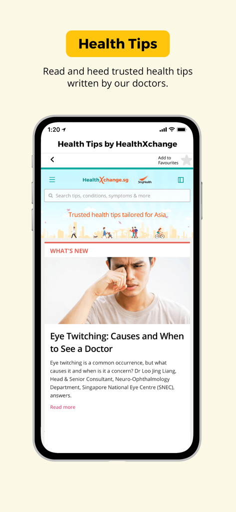 Health Buddy app screenshot showing the Health Tips section with an article about eye twitching causes.