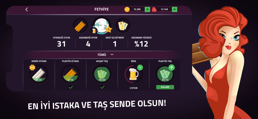 Okey Canlı - Okey Canli app screenshot showing player statistics and customizable game items including cue and tile sets