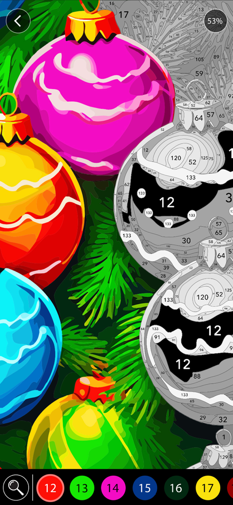 Christmas Paintings - Una interfaz digital de pintar por números que muestra adornos navideños coloridos en una rama de pino con una paleta de colores numerada