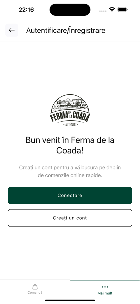Ferma de la Coada - Login and registration screen for the Ferma de la Coada mobile app.