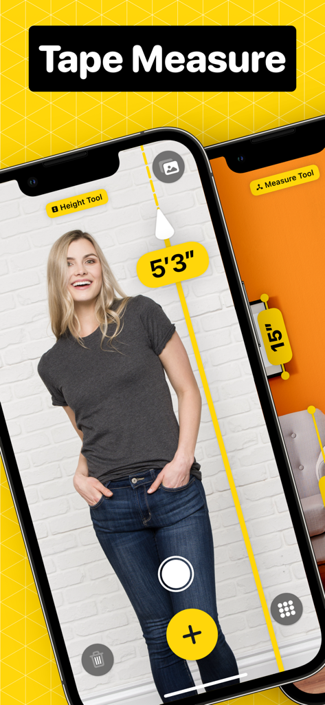 iPhone app screen showing the height tool measuring a woman standing against a white brick wall