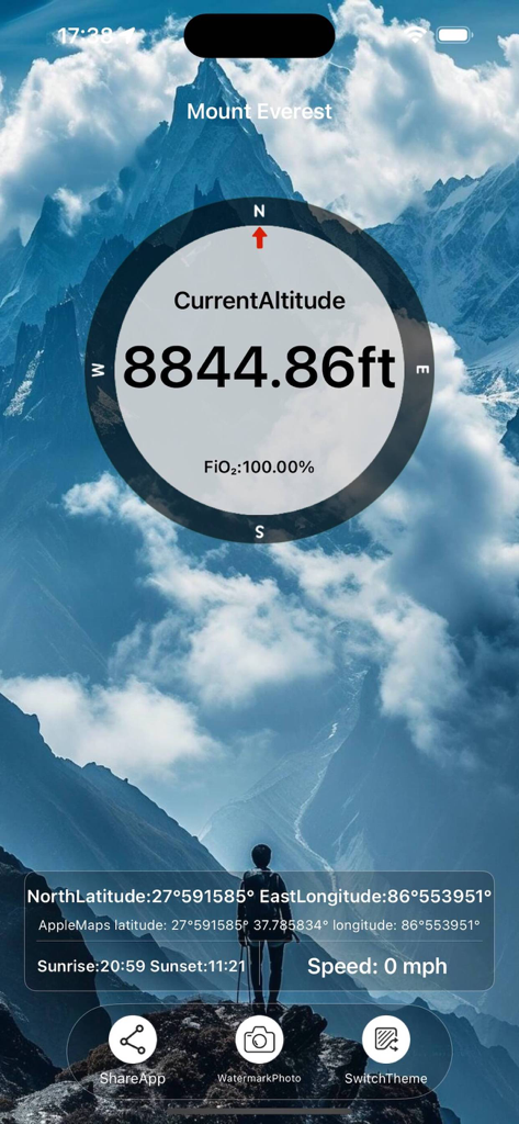 Altimeter Pro - Altitude & Map - Altimeter Pro app showing a real-time altitude of 8844 feet and GPS coordinates over a scenic mountain background.