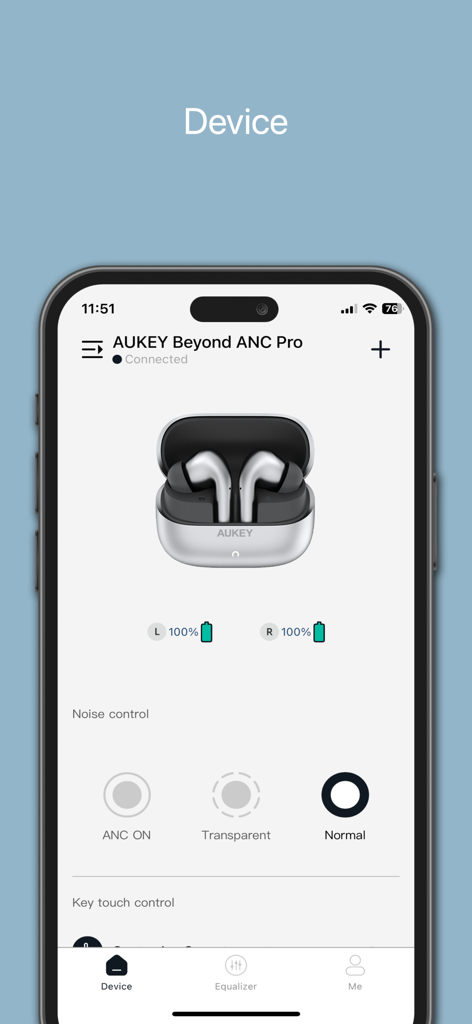 AUKEY Mate - Interfaz de la aplicación AUKEY Mate que muestra auriculares conectados con niveles de batería y opciones de control de ruido