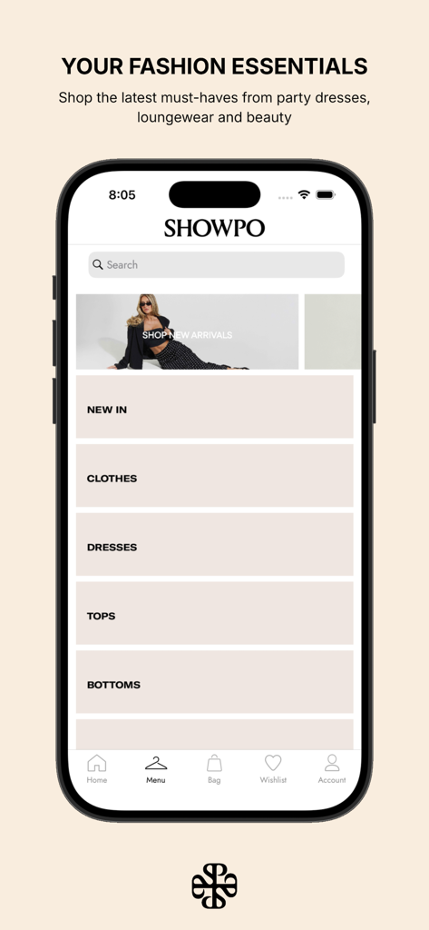 Showpo: Fashion Shopping - Écran du menu de l'application Showpo affichant des catégories de mode comme Nouveautés, Vêtements, Robes et Hauts.