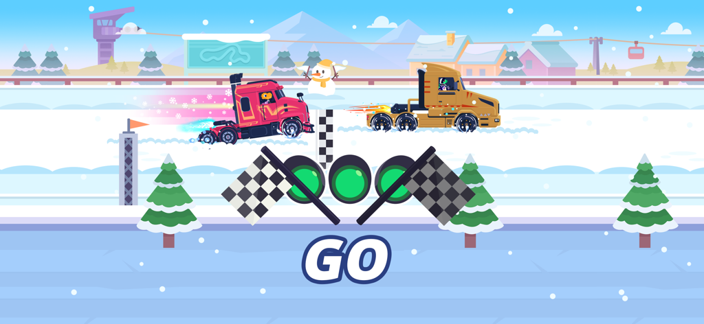 Due camion che corrono su una pista innevata con un cartello VIA e bandierine a scacchi in un'ambientazione invernale