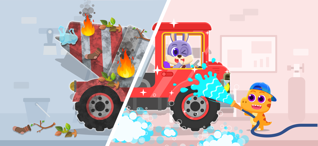 Car Wash Car Games for kids - Um personagem dinossauro lavando um caminhão vermelho sujo em um divertido jogo de lavagem de carros para crianças