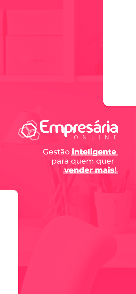 Empresária Online - Logo e slogan do aplicativo Empresaria Online em um fundo rosa para gerenciamento de vendas
