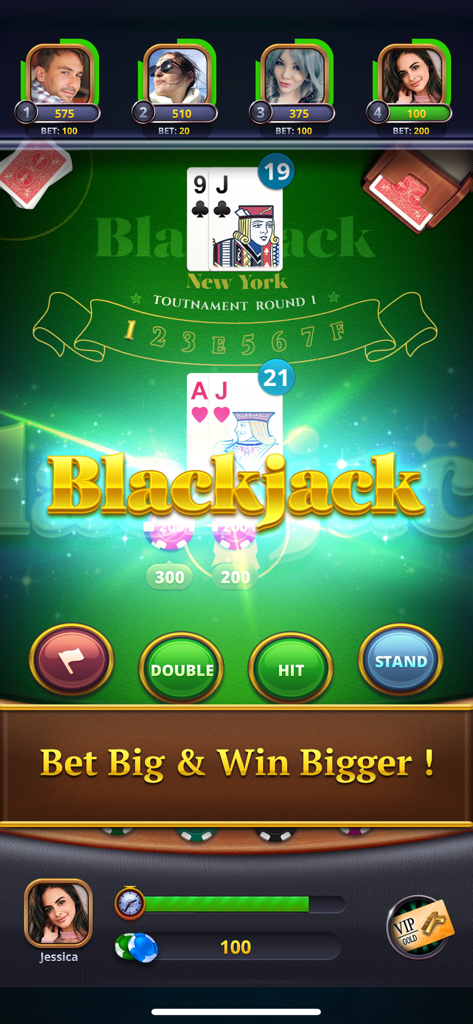 Gameplay of Blackjack mobile game showing a winning 21 hand in a tournament round with player avatars
