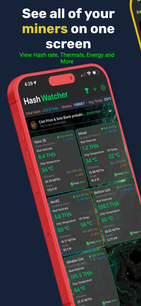 HashWatcher app showing a real-time dashboard for monitoring multiple Bitcoin miners on an iPhone.