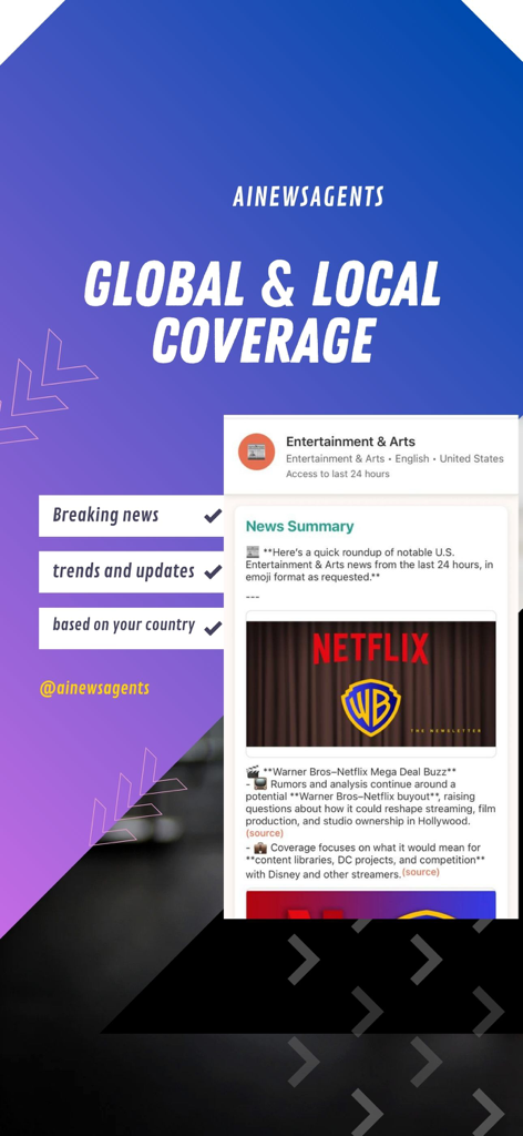 AI News Agents - Écran de l'application AI News Agents montrant une couverture médiatique mondiale et locale avec un résumé IA des tendances de l'industrie du divertissement.