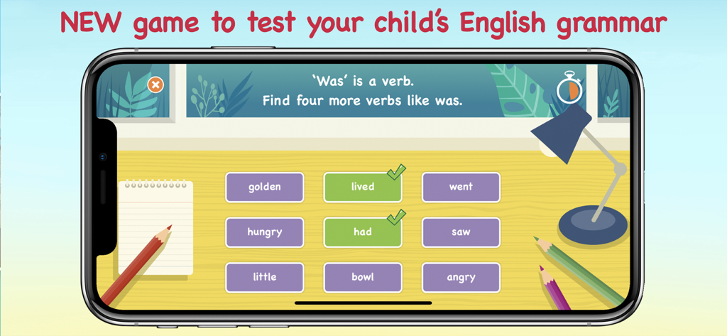 English grammar game for children identifying verbs on a mobile screen