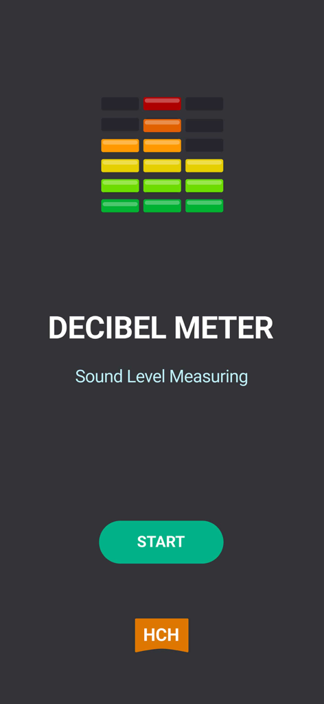 Pantalla de inicio de la aplicación móvil Medidor de Decibelios con un visualizador de nivel de sonido y un botón de inicio