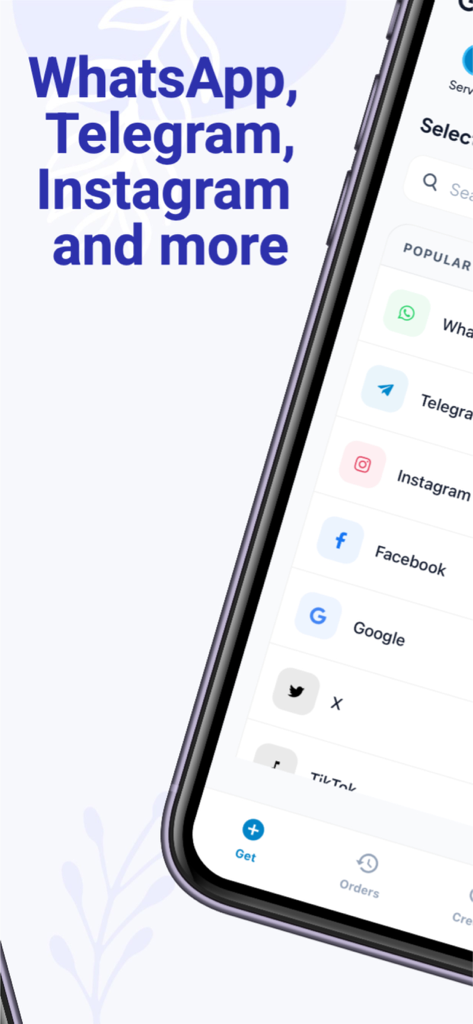 Virtual Number SMS Verify - Interface mostrando opções de verificação de número virtual para WhatsApp, Telegram e Instagram