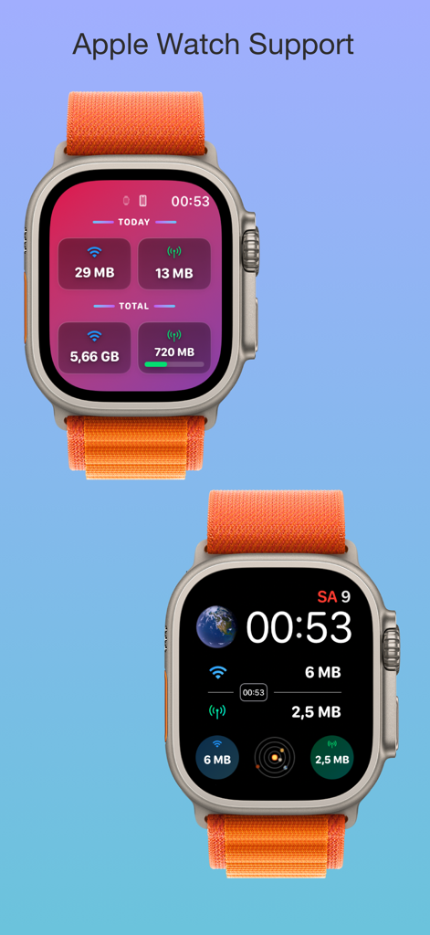 Network Usage Monitor - Network Usage Monitor app interface on Apple Watch displaying data usage statistics.