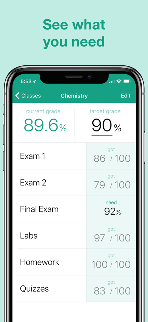 Bildschirm der mobilen App, der eine aktuelle Note und die für eine Abschlussprüfung benötigte Punktzahl anzeigt, um eine Zielnote zu erreichen.