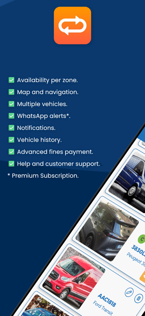 List of Parkunload app features including map navigation and multiple vehicle management