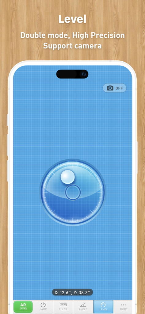 Interface de l'outil de niveau à bulle de haute précision de l'application MyTools montrant un niveau à bulle sur un fond de grille bleue.