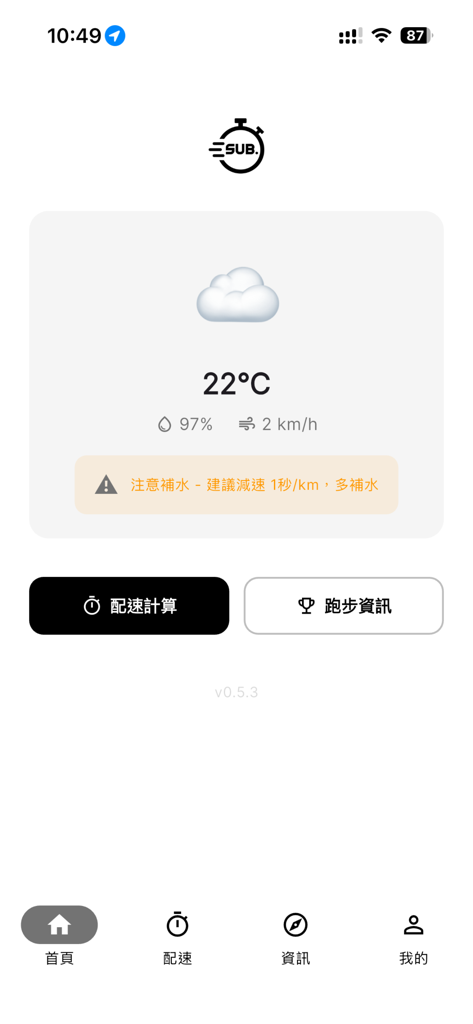 SUB. - Home screen of the SUB running app showing current weather and menu options