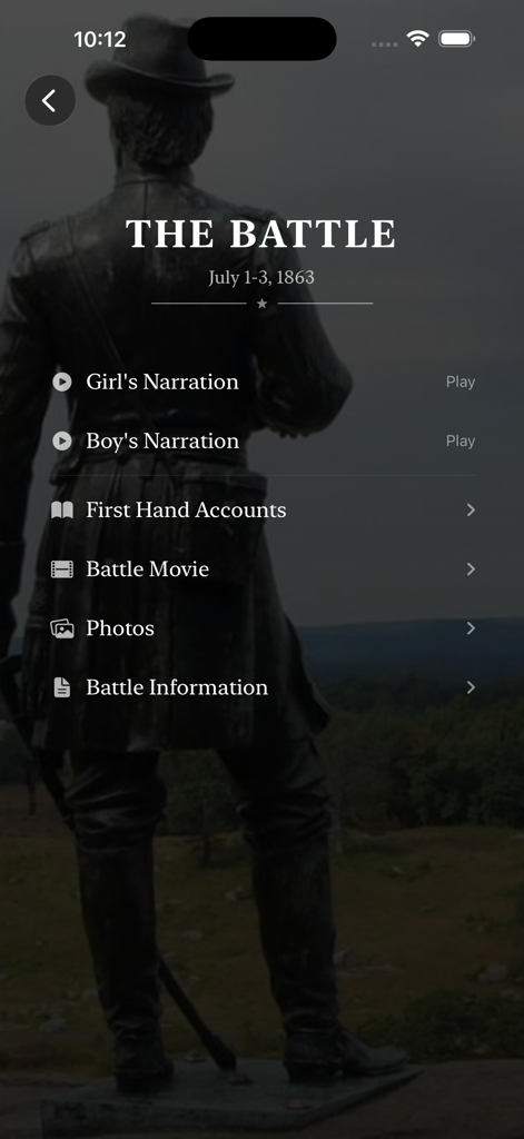 Battle of Gettysburg - Menú principal de la aplicación Batalla de Gettysburg con opciones de narración, relatos de primera mano, película de la batalla, fotos e información.