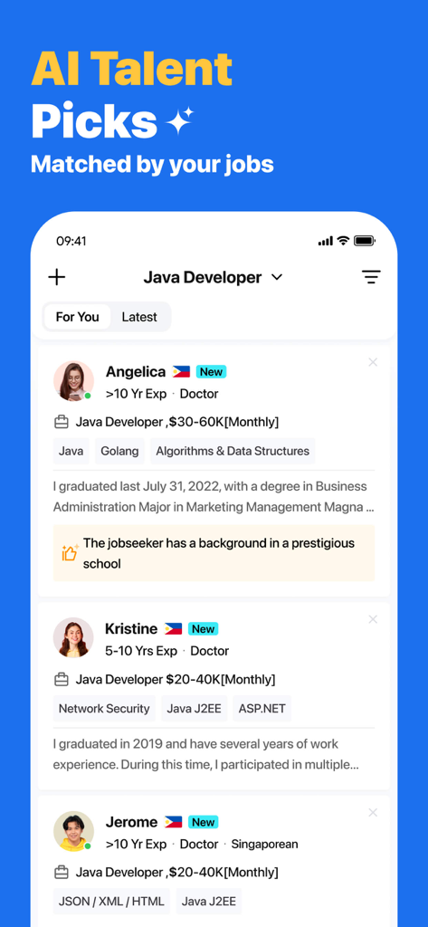 Recruiter interface of Bossjob app showing AI-matched talent profiles for Java Developer roles.