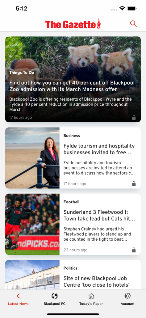 The Blackpool Gazette - The Blackpool Gazette app home screen featuring local news stories about Blackpool Zoo and regional football