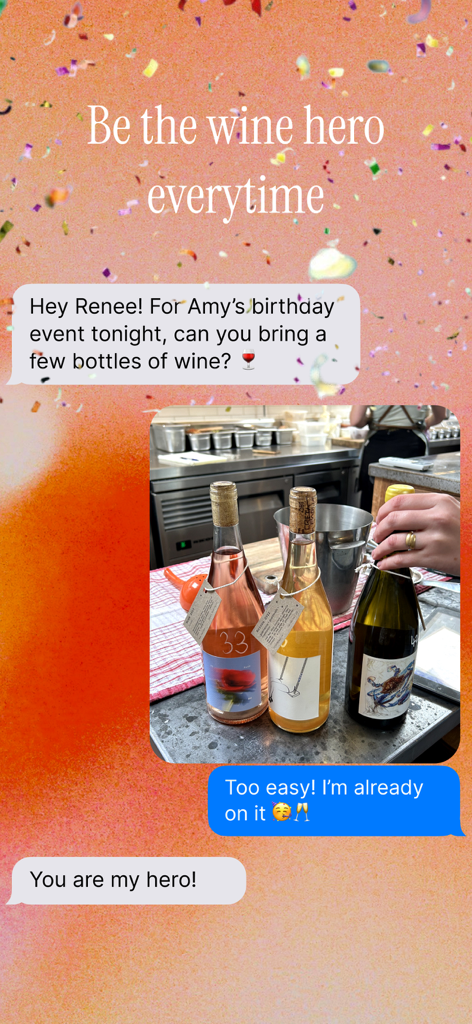 Remi: Wine for Fun People - 誕生日パーティーのためにワインボトルが選択されているレミアプリのチャット画面。「いつもワインのヒーローになろう」というタグラインが表示されています。