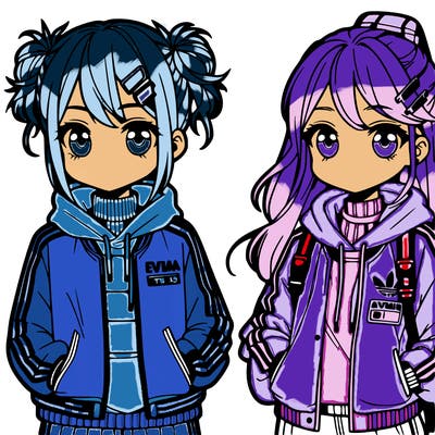 two anime girls wearing streetwear
