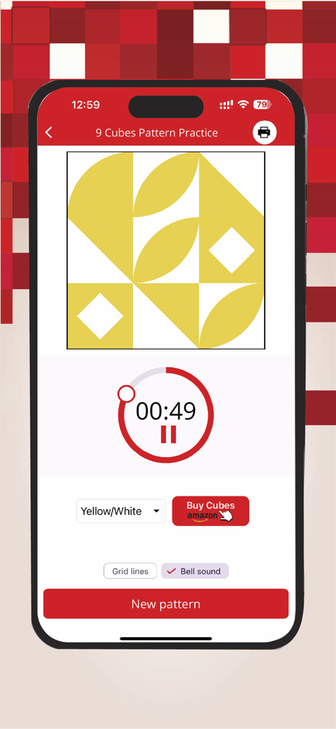 Block Design Test Practice - Block Design Test Practice app interface showing a yellow and white 9 cubes pattern with a countdown timer.