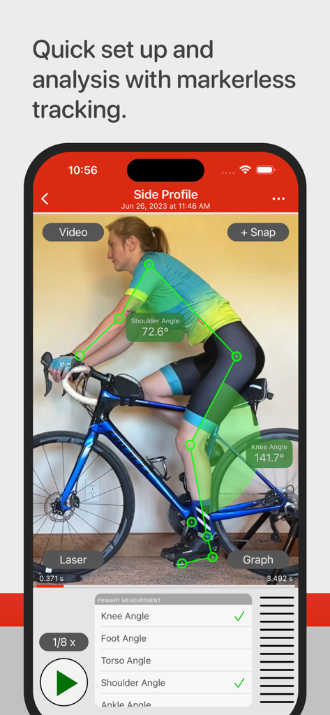 Side profile bike fit analysis with markerless tracking and joint angle measurements in Bike Fast Fit Elite app
