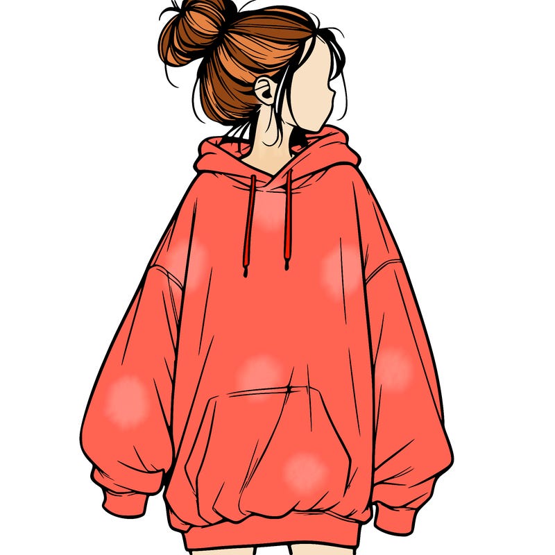 realistic girl with a oversized sweatshirt on and a bun
