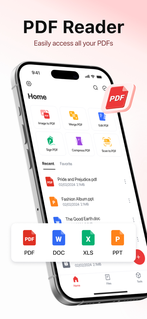 PDF Reader - Editor & Scanner - iPhone affichant l'écran d'accueil de l'application Lecteur PDF avec des outils de gestion de documents comme fusionner, signer et scanner