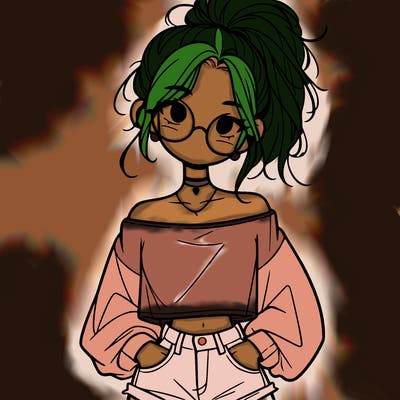 girl with a messy ponytail glasses a baggy crop top and jean shorts