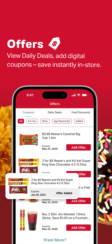 Schermata dell'app Kwik Rewards che mostra coupon digitali e offerte giornaliere per snack