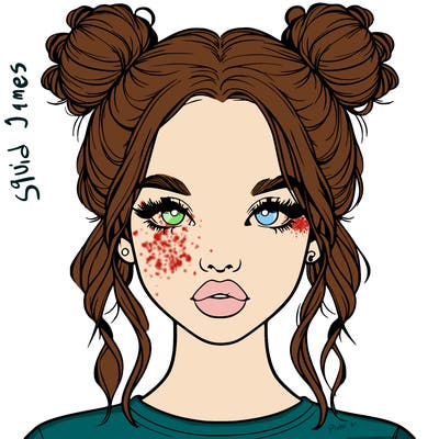 realistic girl with two buns in hair and lips