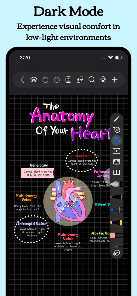 Freenotes: AI Notes Taking - Freenotes app in Dark Mode showing a colorful handwritten heart anatomy diagram on a dark grid background
