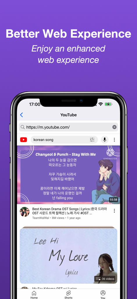 Torrent Browserアプリのインターフェース。YouTube動画フィードと見出し「Better Web Experience」が表示されています。
