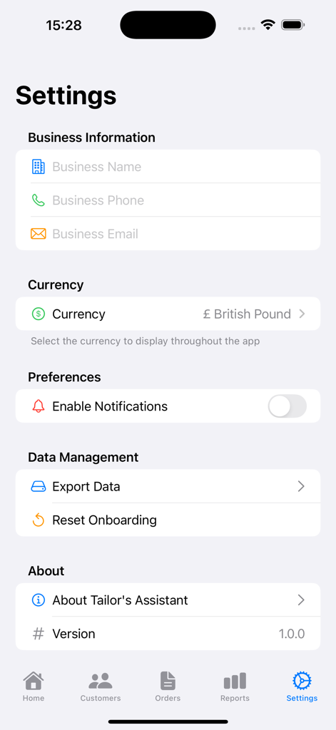 Settings screen of the Tailors Assistant app showing business information and currency selection options
