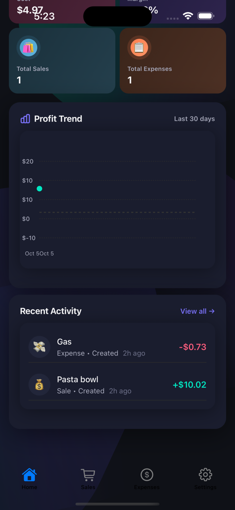 Profit Tracker - Made Simple - Home dashboard of the Profit Tracker app showing a profit trend chart and recent sales and expense activity